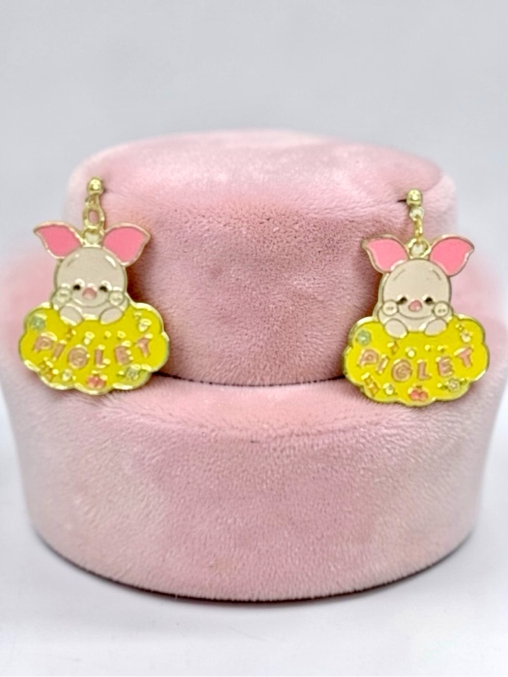 Piglet Stud Dangle Earrings with Pink and Yellow Accents